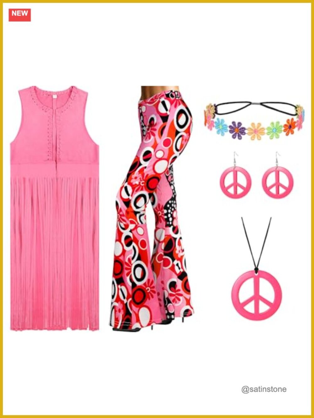 70s Hippie Costume Set Tassel Vest Flared Pants Peace Necklace Earrings